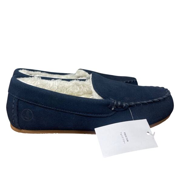 Lands' End Slippers Boys 3 Navy Suede Leather Faux Fur Lined Moccasin Youth Kids - Picture 1 of 13